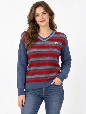 Vintage Monte Carlo Men's Large Pure New Wool Sweater Red Blue V Neck Woolmark